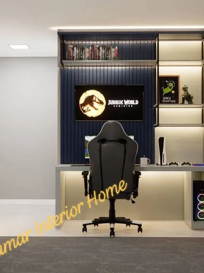 Another angle of the gaming desk, highlighting the open shelving for books and collectibles.