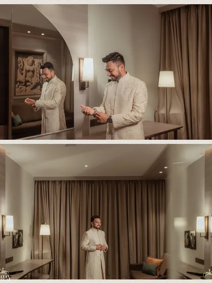 A diptych of the groom preparing for the shoot in his hotel room. These shots capture the final touches and his confident stance, showcasing his elegant white sherwani.