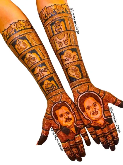 A truly special way to honor loved ones, this bridal mehendi features detailed, hand-drawn portraits of the bride's parents on her palms. It's a heartfelt tribute, surrounded by intricate patterns and symbols that are meaningful to her family.
