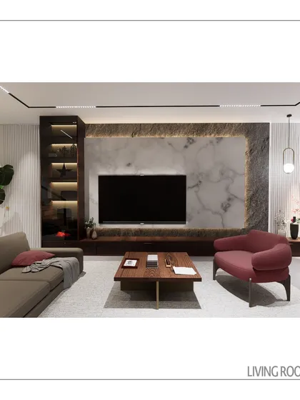 For a modern duplex residence, I drew inspiration from Regency-era elegance to create a living room that feels both grand and comfortable. A bookmatched marble feature wall, fluted wood paneling, and integrated LED lighting come together to form a space that is sophisticated and livable.