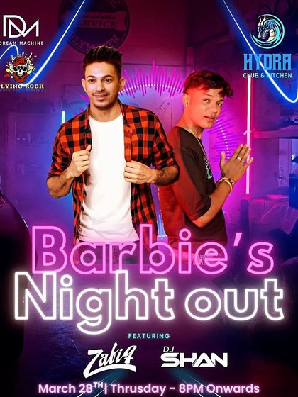 A flyer for "Barbie's Night Out," a fun theme party at Hydra with free shots for the ladies.