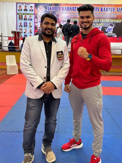 With a fellow coach at the 14th State Level Karate Championship. Our student Shika Bijoor won Gold and will represent Karnataka at the nationals.
