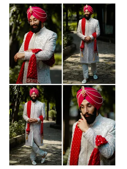 A collage dedicated to the groom's style. We take care to capture the details of the groom's attire, from the elegant sherwani to the traditional turban.