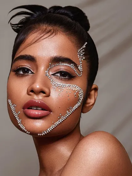 An artistic beauty portrait showcasing intricate makeup with rhinestone appliqués. This editorial-style shot highlights my creative range and technical skill in capturing detailed, conceptual beauty looks beyond standard commercial briefs.