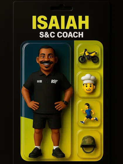 Introducing the RSF S&C Starter Pack! This fun, collectible-style action figure of Coach Isaiah is part of a series celebrating the unique personalities and expertise of our coaching team.