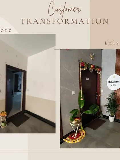 This is the kind of transformation I love. On the left is the plain original entrance, and on the right is the final look after my design and execution, creating a warm and welcoming entryway for the Mahapatra family.