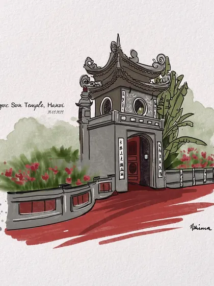 The beautiful Ngoc Son Temple in Hanoi. This architectural illustration shows my watercolor and ink style, perfect for capturing the intricate details of historical buildings and landmarks from your travels.