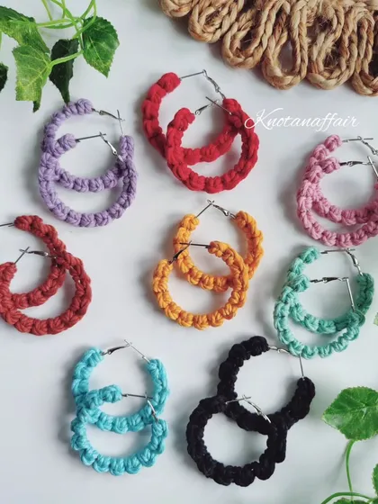 Just look at this rainbow of macrame hoop earrings. I make these in so many pretty colors, from bright reds and yellows to soft lavenders and pinks. They are incredibly lightweight, so you can wear them all day without any fuss.
