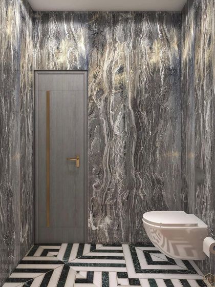 A powder room concept that combines dramatic grey marble walls with a bold black and white geometric floor. The design is minimalist yet makes a strong visual impact.