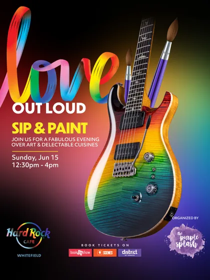 An event poster for our 'Love Out Loud' Sip & Paint at Hard Rock Cafe. These events are all about celebrating with art and good company.