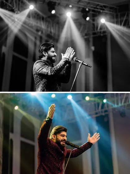A live singer captivates the audience during a Sangeet night. These powerful black and white and color shots show the artist in his element, bringing incredible energy to the stage.