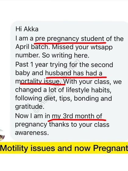 This couple was trying for their second baby and dealing with a sperm motility issue. After my class, they changed their lifestyle habits and are now in their 3rd month of pregnancy.