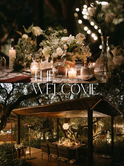 A collage capturing the essence of the "Into the Woods" welcome dinner. The theme combined rustic wooden structures with elegant tablescapes and soft, warm lighting.