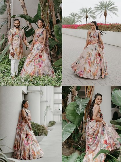 A collage showcasing the couple's coordinated floral looks for their jungle-themed Sangeet, highlighting both individual portraits and their harmonious appearance together.