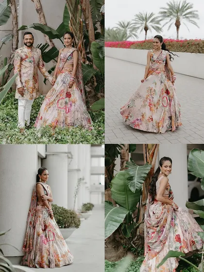 A collage showcasing the couple's jungle-themed Sangeet looks. The lush prints and earthy undertones created a style that was wild at heart and rooted in love.