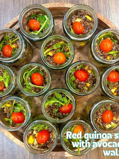 My Red Quinoa Salad with avocado and walnuts, conveniently packed in individual jars. This is a great option for corporate lunches or healthy party catering.