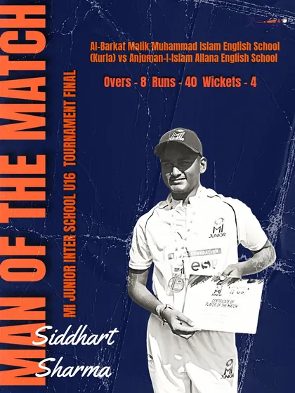 Man of the Match Siddharth Sharma after a brilliant 4-wicket haul in the MI Junior Inter-School U-16 Tournament Final.
