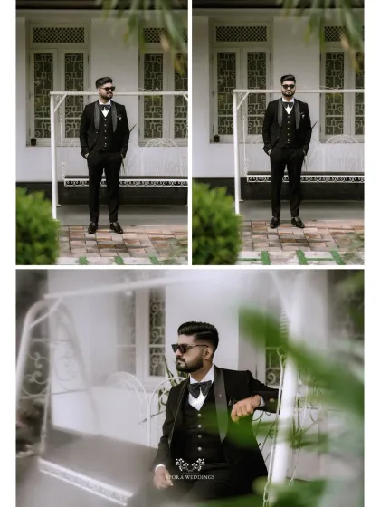 A stylish groom looking sharp in his three-piece suit and bow tie. My team ensures the groom's portraits are just as polished and memorable as the bride's.