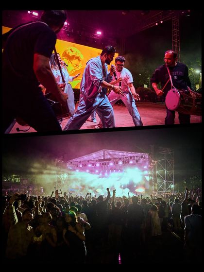 A split image showing the band's energy up close and the massive, hyped-up crowd they are playing to at Saarang, IIT Madras.