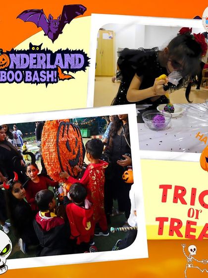 What's a party without a piñata? The children worked together to break open the pumpkin piñata, a thrilling activity that ended with a shower of treats.