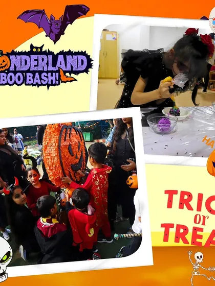 Trick or treat fun at the Halloween Boo Bash. Children enjoy activities like breaking a pumpkin piñata and engaging in themed sensory play, all while dressed in their favorite spooky outfits.
