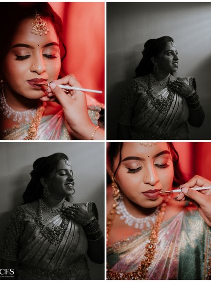 A collage showing the bride's makeup being applied. These getting-ready shots, in both color and black and white, capture the anticipation and transformation of the day.