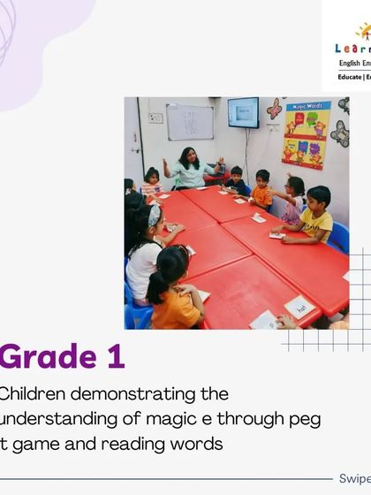 A full view of my Grade 1 class enjoying the "peg it" game for the "Magic E" rule. The entire group is engaged, discussing the words and helping each other, which creates a dynamic and effective learning environment.