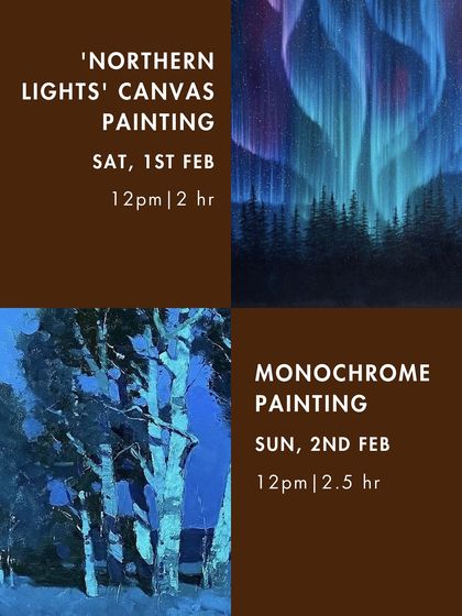February's calendar featured a "Northern Lights" canvas painting workshop and a session on monochrome painting.