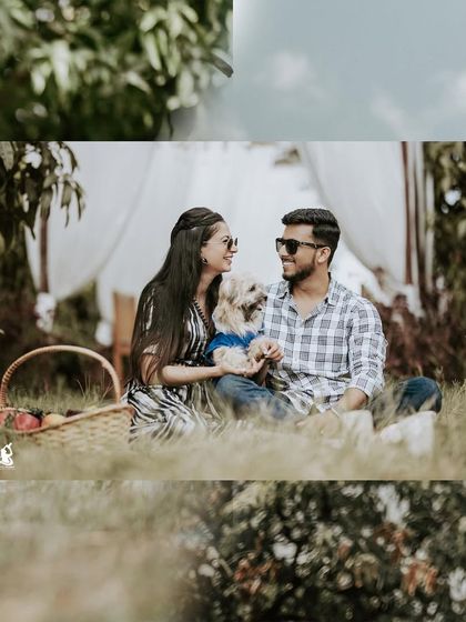 A playful and sweet pre-wedding picnic scene, complete with their adorable dog. I love capturing these personal moments that truly reflect a couple's life together.
