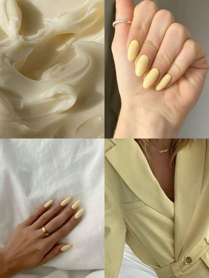 A mood board for a creamy, buttery yellow look. So clean and chic.
