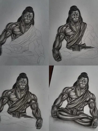The four stages of my Hanuman sketch, from the initial outline to the fully shaded and detailed final piece. This shows how the portrait comes to life.