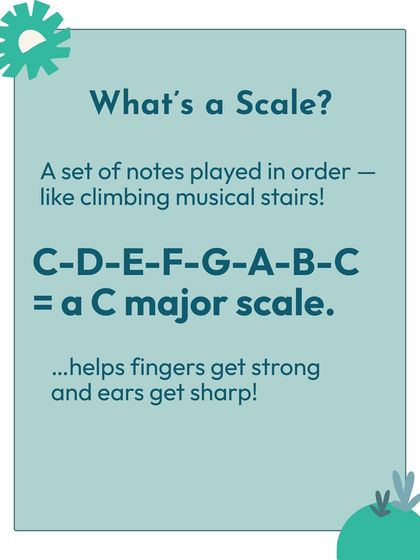 What's a scale? Think of it as climbing musical stairs, like C-D-E-F-G-A-B-C. It's a fundamental exercise that helps make fingers strong and ears sharp.