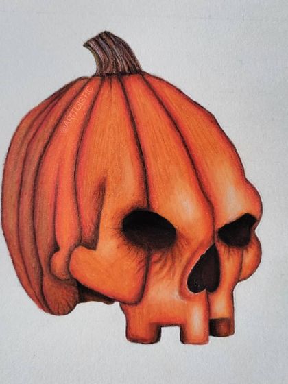 My finished Halloween drawing of a pumpkin carved into a skull. This piece combines spooky and festive themes with realistic shading.
