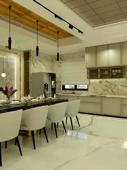 An identical shot of the open-plan dining and kitchen.