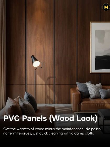PVC panels give you the warmth of wood without the maintenance. They require no polish, have no termite issues, and can be cleaned with just a damp cloth, making them a practical choice for a living room wall.