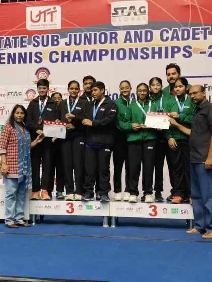 Our team on the podium at the 86th UTT Cadet and Sub Junior National Table Tennis Championship in Indore, celebrating multiple medal wins.