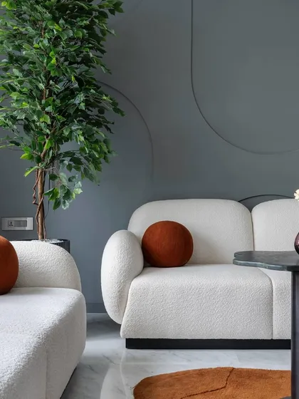 In 'The House of Arcs', we used soft, curved furniture and a muted color palette accented with rust-colored pillows. The design is built around fluid lines and organic shapes to create a calming and cohesive living space.