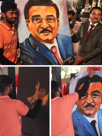 A collage showing the process and final presentation of a live speed painting at a corporate function.