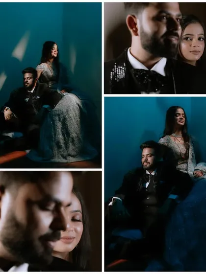 A collage of moody portraits using dramatic blue lighting and shadows. These images have a cool, cinematic quality, ideal for a stylish sangeet or reception shoot.