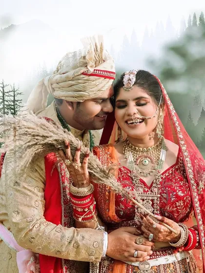 A playful and romantic portrait from a destination wedding. The groom's loving gaze and the bride's joyful smile, framed by the natural beauty of the hills, create a picture of pure happiness.