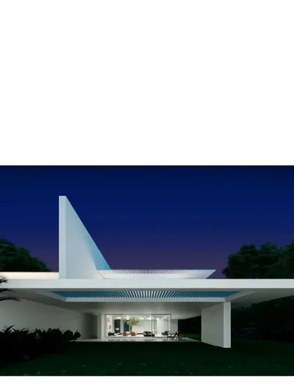 A render of the Koba House, showing its dramatic, sculptural roofline against the night sky. The design is an exercise in creating big, white spaces where light is the main showstopper.