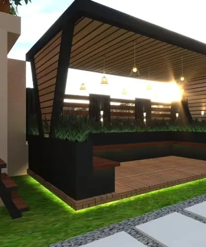 A render of a pergola with a slatted roof and built-in planter benches, set against a sunset sky.
