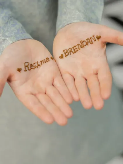 A sweet and simple way to celebrate a partnership. I can write names in henna for couples, a popular choice for engagement parties or sangeets.