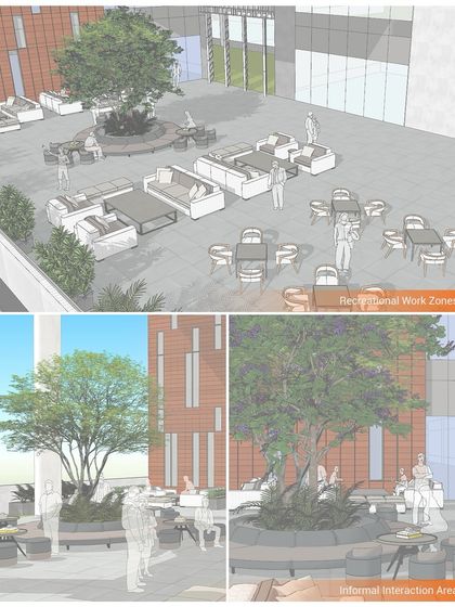 This illustration for a corporate workspace in Mohali shows our design for recreational and collaborative breakout zones. The outdoor terrace blends softscape features with functional work pods and discussion kiosks to foster both productivity and connection.