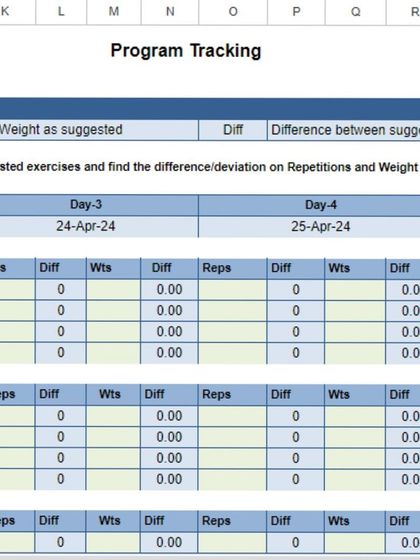 Another view of the program tracking sheet. The "difference" column is key, as it shows me exactly where a client is progressing or struggling, so I can tailor their next workout.
