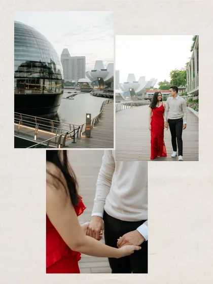 A creative collage from a Singapore engagement shoot, blending wide shots of the cityscape with close-up details like the couple holding hands.
