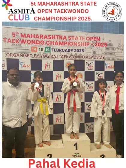 A double victory for Pahal Kedia, winning two gold medals in both Kyorugi and Poomsae at the state championship. Her versatility and skill make us incredibly proud.