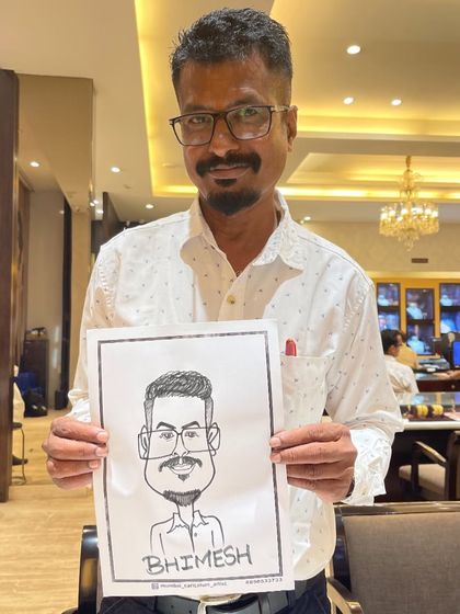 A solo caricature of Bhimesh, showcasing the detailed line work and shading we use to bring the character to life.