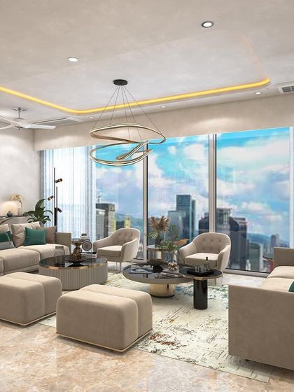 A bright and airy living room with a stunning city view. The layout uses two sofas facing each other to create a conversational zone, with neutral tones and pops of green to connect with the outdoors.