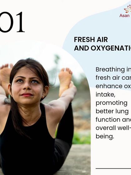 An infographic on the benefits of outdoor yoga, starting with how fresh air enhances oxygen intake and promotes better lung function.